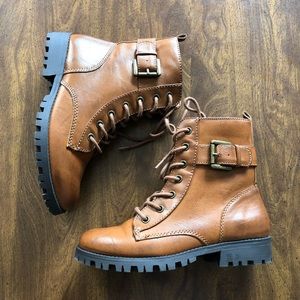 Chestnut Brown Combat Boots Chunky Sole Buckle Size 6